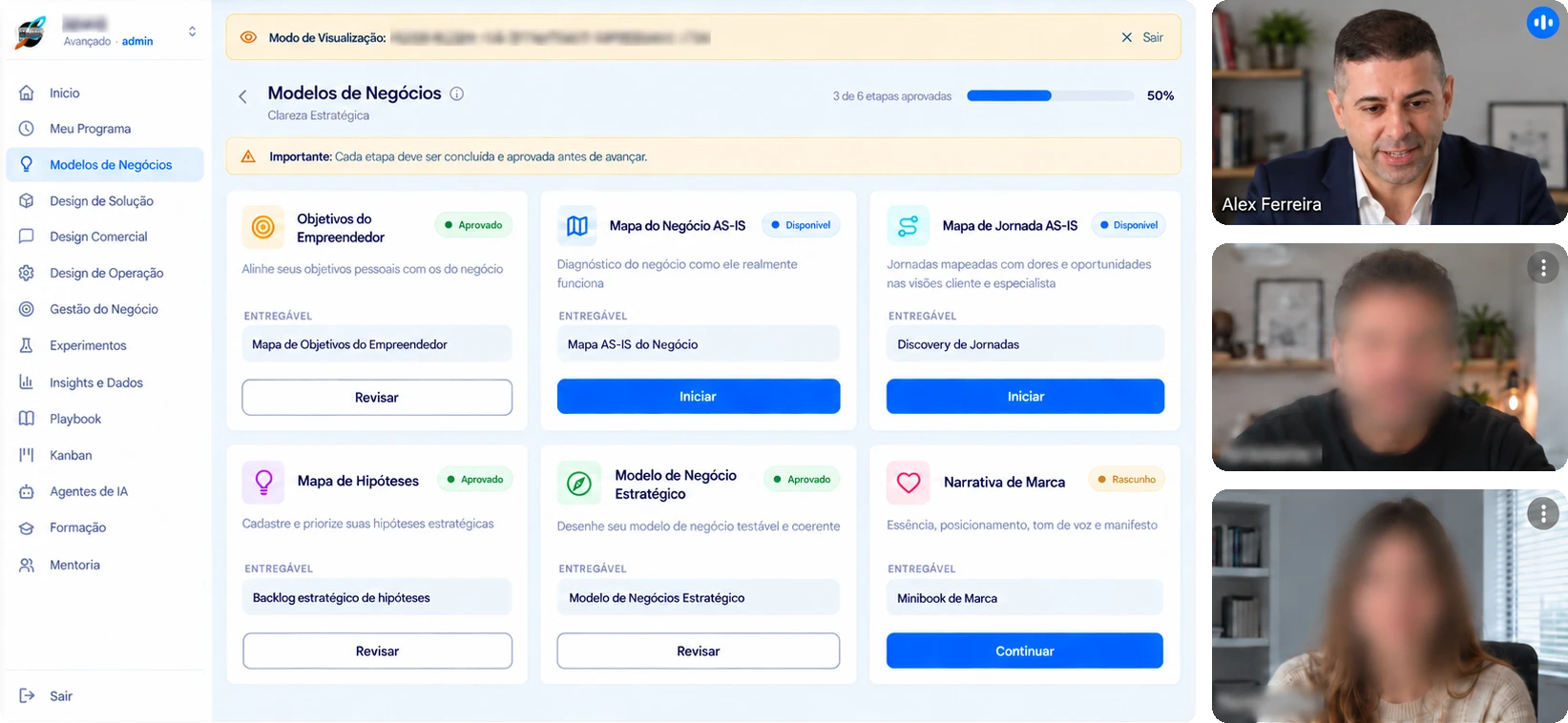 Tela da plataforma SNVR com as etapas do modelo de negócio, ao lado de uma chamada de acompanhamento com especialista.